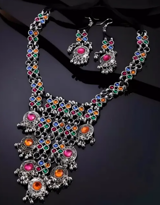 oxidized silver multicolored necklace for women girl party ethnic monalisa oxidized jewellery set Navratri