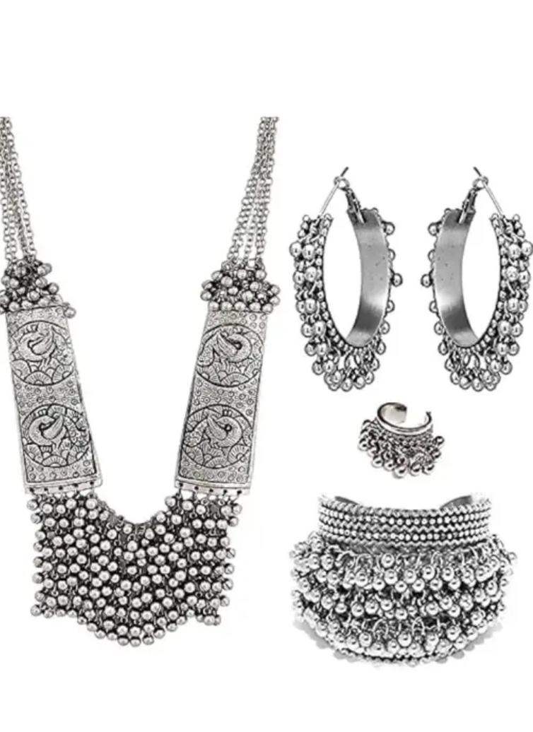 Oxidized Afghani Design Jewelry Set With Bangle Earring And Ring Combo Set