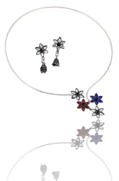 BJS Rings Silver Oxidized Brass Multi Floral Designer Choker Jewellery Set