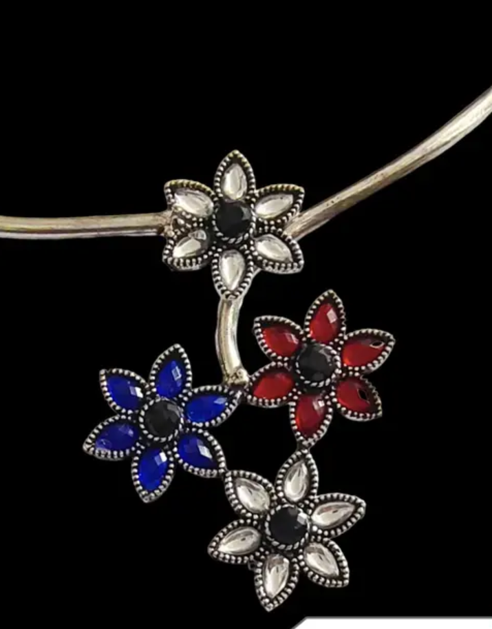 BJS Rings Silver Oxidized Brass Multi Floral Designer Choker Jewellery Set