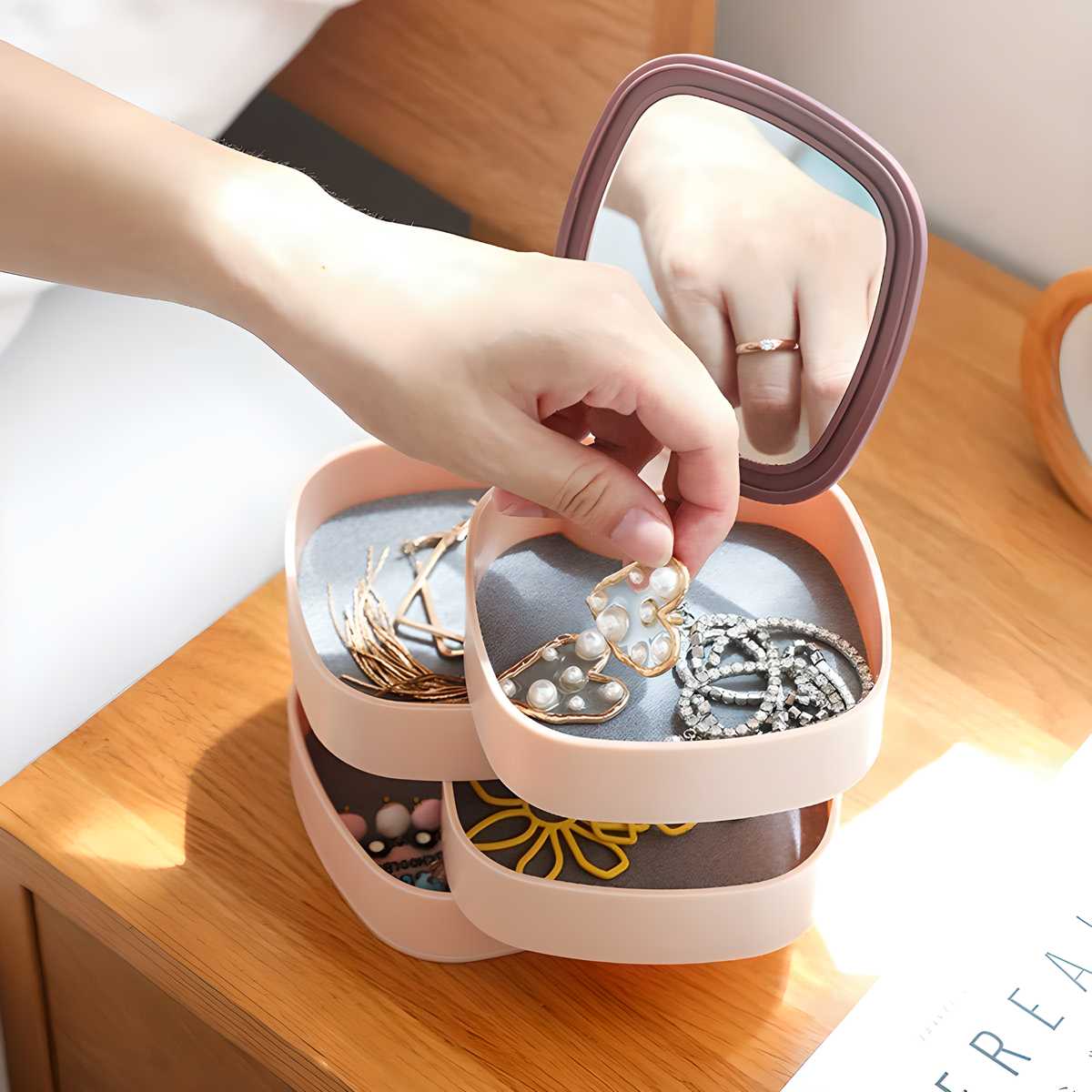 Rotating Jewelry Organizer Box with Mirror Lid 4 Layer