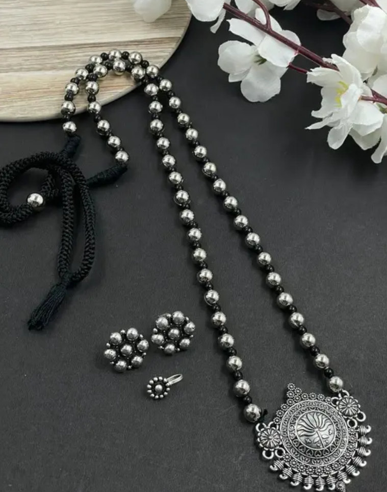 Trendy Beaded Long Chain with Gorgeous Vintage Design Ethnic Necklace Set With Earrings And Nosepin for Women|German Silver Indian Jewellery